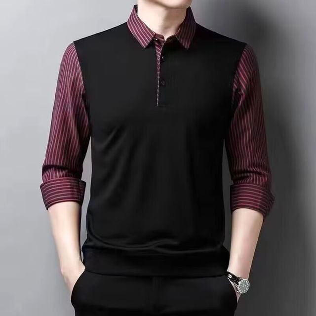 Lingaris-Mock Two-Piece Long-Sleeve Striped Panel Shirt