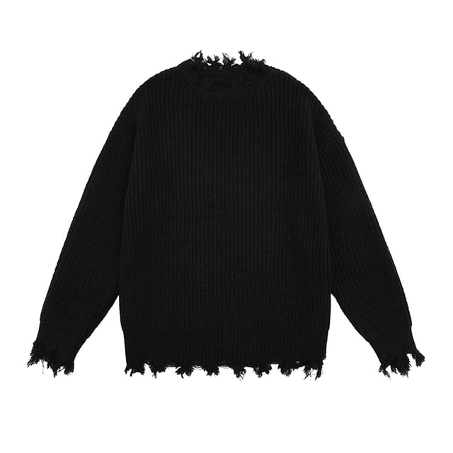 CHIC ERRO-Round Neck Plain Fringed Distressed Ribbed Sweater
