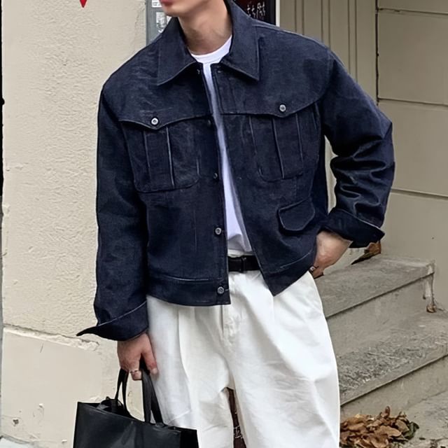 Okwano-Pocket Detail Denim Single-Breasted Jacket