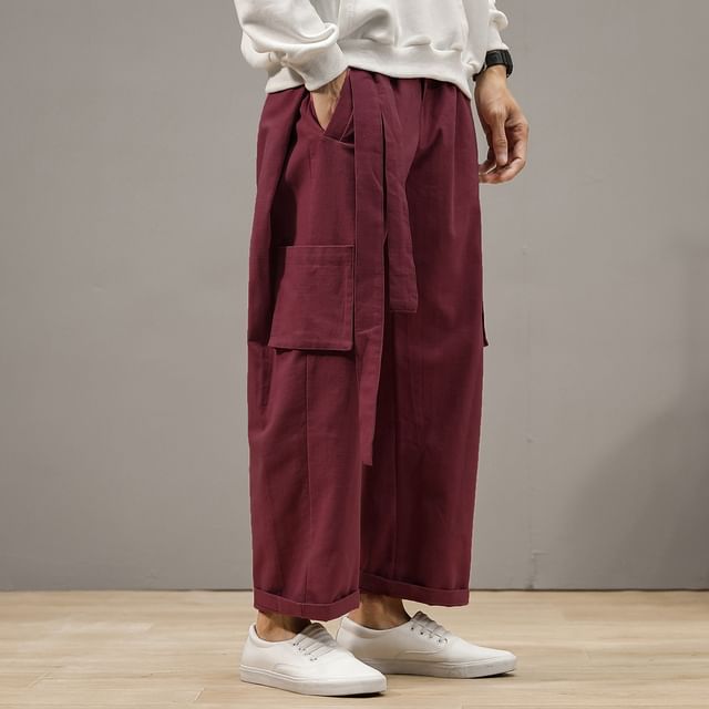 Ninine-Elastic Waist Plain Wide Leg Cargo Pants