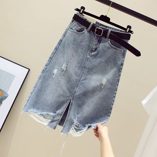 fitted denim midi skirt