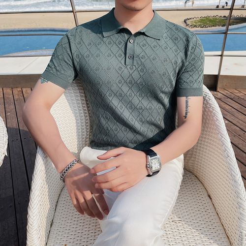 Short-Sleeve Pattern Knit Polo Shirt