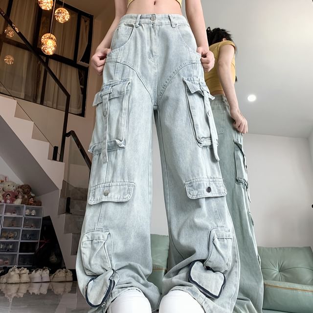 Shineon Studio-High Rise Wide Leg Cargo Jeans