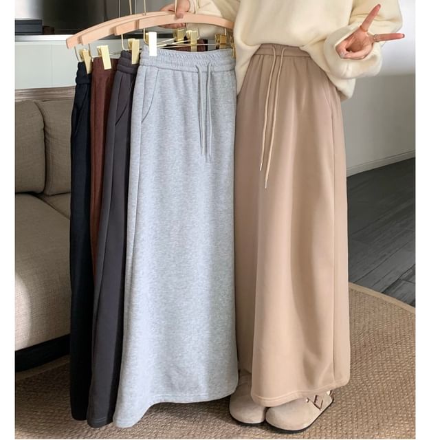 Duwnie-Drawstring Waist Plain Maxi H-Line Skirt