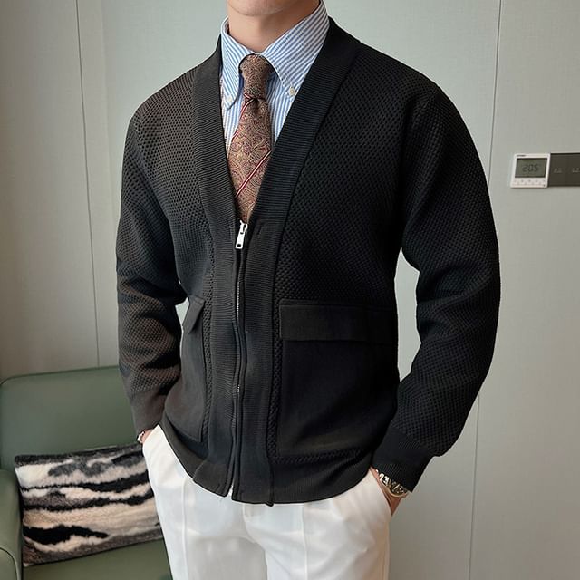 Nightbell-V-Neck Plain Zip Cardigan