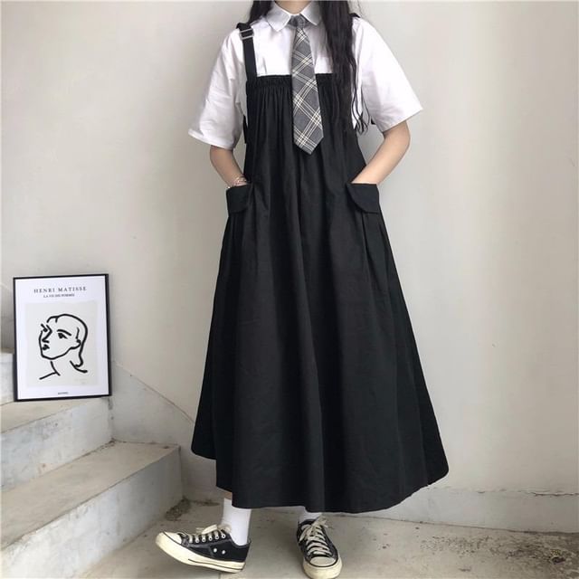Sisyphi - Short-Sleeve Neck Tie Shirt / Midi Pinafore Dress / Set | YesStyle