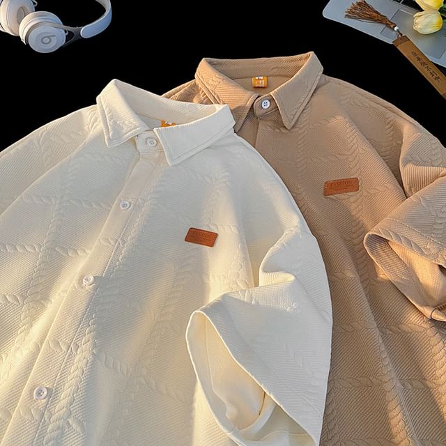 FOEV-Elbow-Sleeve Jacquard Button-Up Shirt