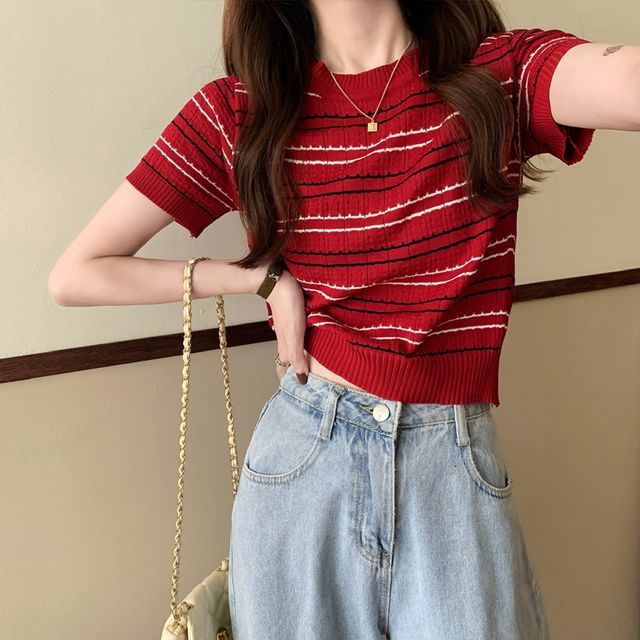 Shinsei-Short-Sleeve Round Neck Striped Knit Top