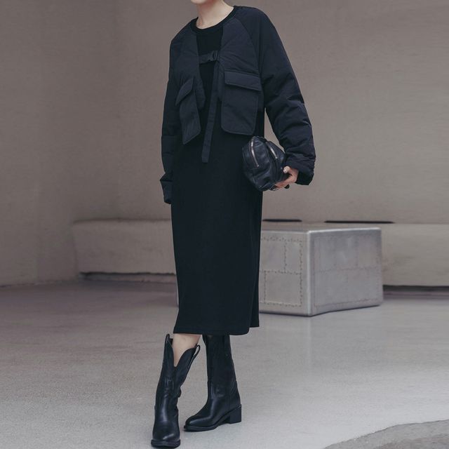 SIMPLE BLACK-Mock Two-Piece Padded Panel Midi Shift Dress