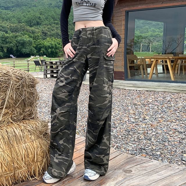 Denimot High Waist Camo Print Wide Leg Cargo Pants (Various