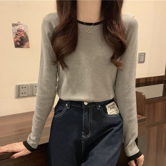 Sisyphi-Long-Sleeve Crewneck Contrast Trim Tee