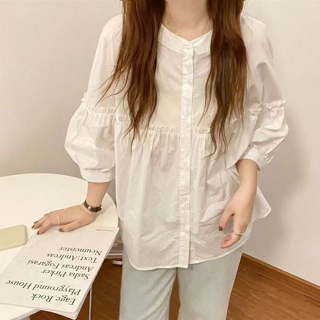 Everose-Puff-Sleeve Plain Ruffled Button-Up Blouse