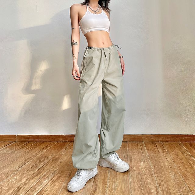 Bababy - Drawstring Waist Print Ruched Wide Leg Pants