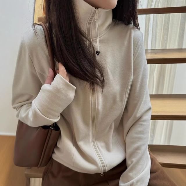 Striinkie-Plain High Neck Drawstring Zip Jacket