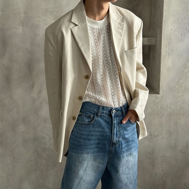 Okwano-Notch Lapel Plain Pocket Detail Single-Breasted Blazer