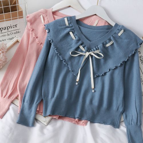Lemongrass - Ribbon-Neckline Sailor-Collar Crop Knit Top