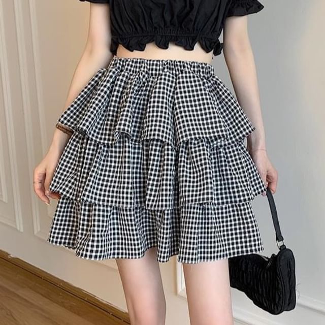 Sisyphi-High Waist Plain Layered Ruffle Mini A-Line Skirt