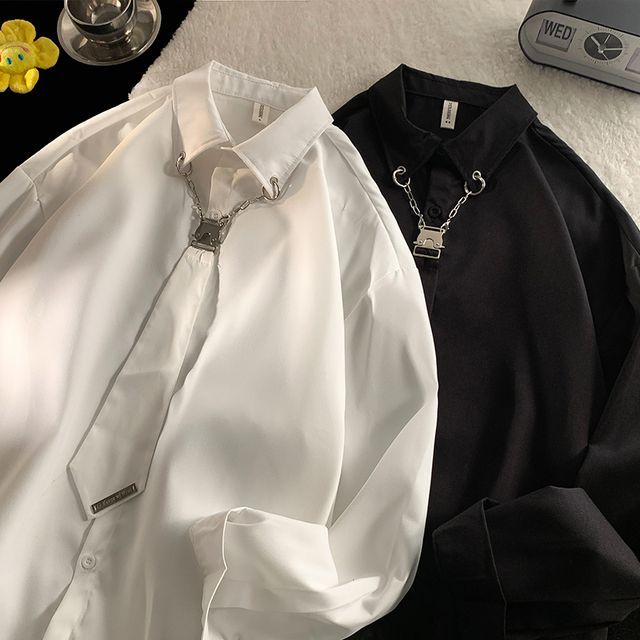 Whyessa-Long-Sleeve Collared Plain Neck Tie Shirt