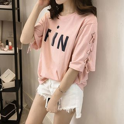 Ukiyo - Lace-Up Elbow-Sleeve Printed T-Shirt Ukiyo - Lace-Up Elbow-Sleeve Printed T-Shirt