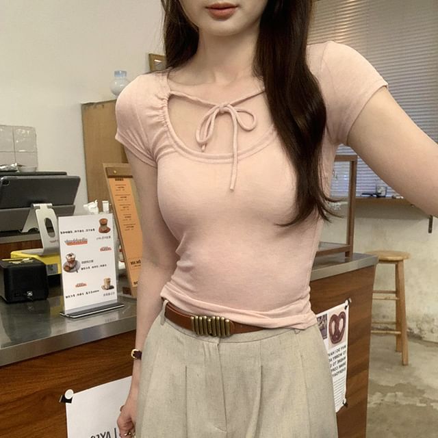 Rosesand-Short-Sleeve U-Neck Plain Crop Top