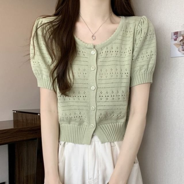 Sisyphi-Short-Sleeve Crew Neck Plain Pointelle Button Crop Knit Top