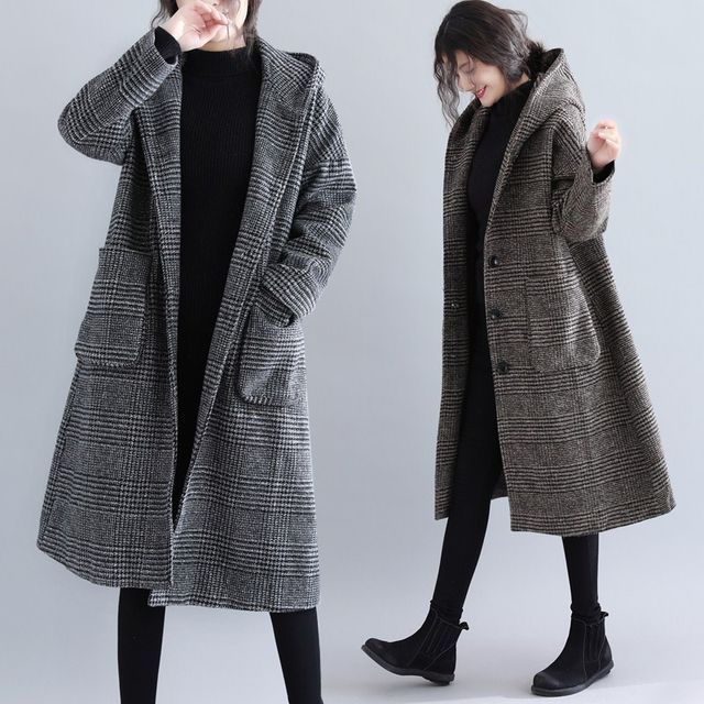INEN-Plaid Hood Midi Button Coat