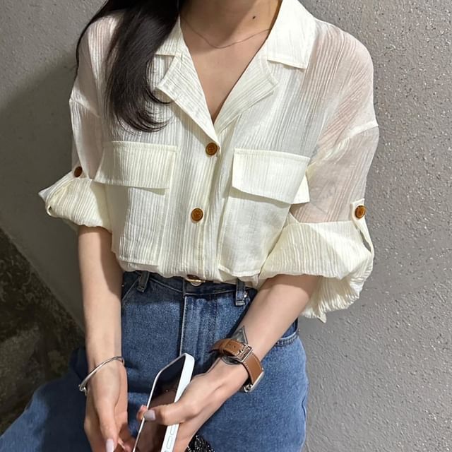Tulstrix-Long-Sleeve Lapel Collar Plain Button-Up Blouse