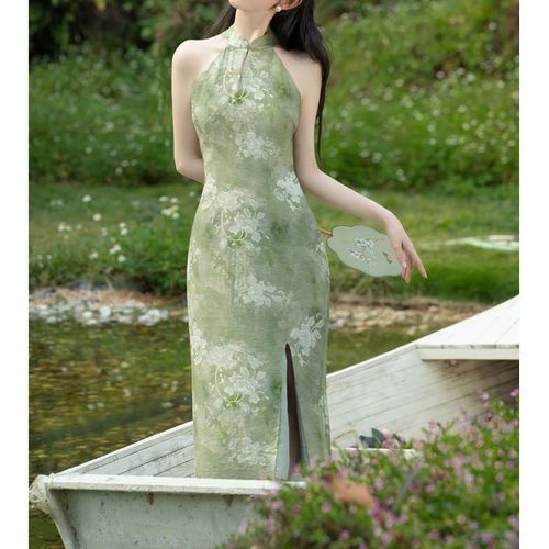Dawnza - Set: Sleeveless Mandarin Collar Floral Print Slit Maxi