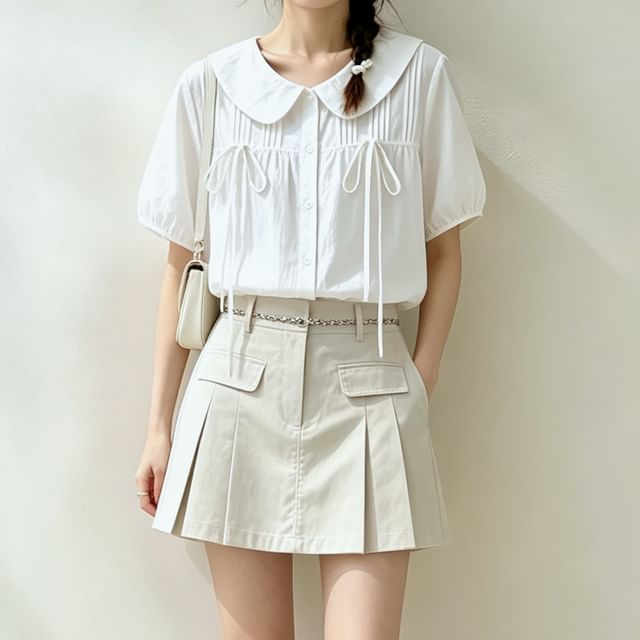 PANDAGO-Short-Sleeve Plain Babydoll Blouse