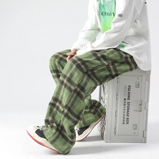 emeisa-Drawstring Waist Plaid Wide Leg Pants