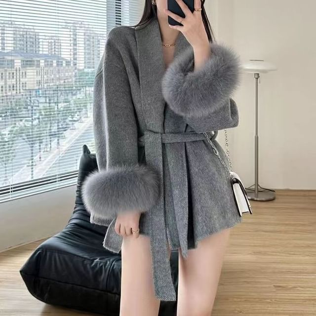 Ukiyo-V-Neck Sashed Plain Jacket