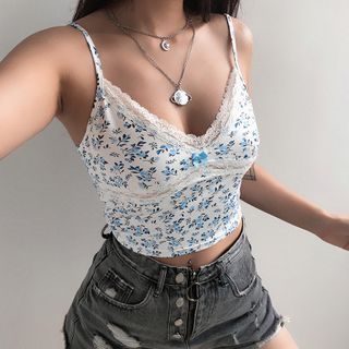 Buy Honet - Floral Print Lace-Trim Cropped Camisole Top in Bulk 
