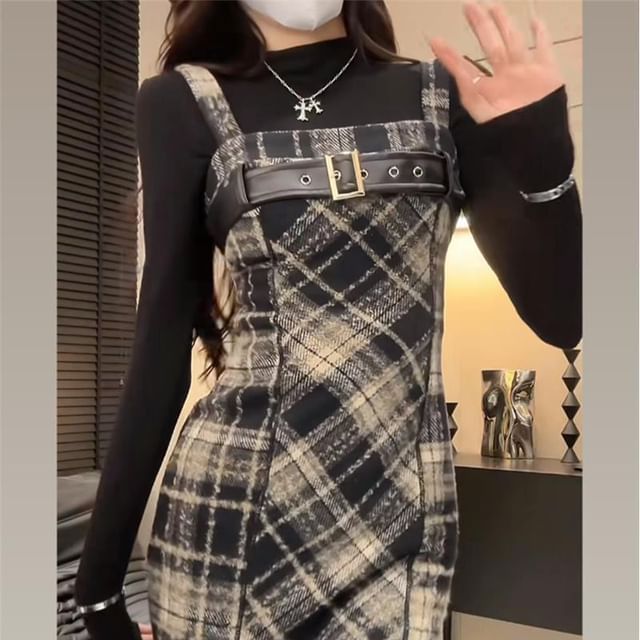 Sisyphi-Long-Sleeve Mock Neck Plain Tee Plaid Buckled Mini Dungaree Dress Set