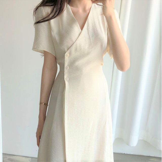 HW Studio - Short-Sleeve A-Line Midi Wrap Dress | YesStyle