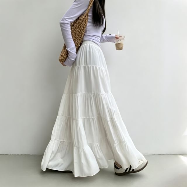 PINPI-High Waist Plain Maxi A-Line Skirt