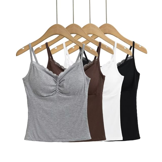 Asiris-Lace Trim Shirred Ribbed Cami Top