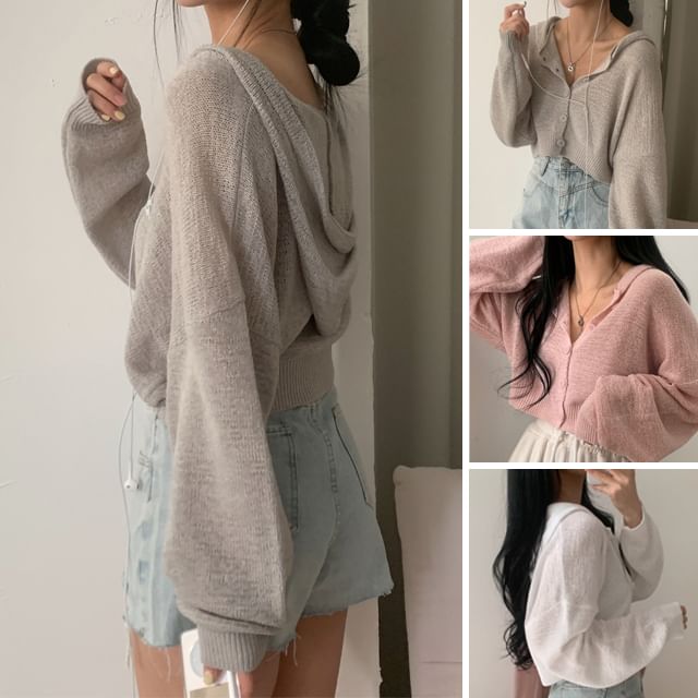 MIKIGA-Plain Hooded Crop Cardigan