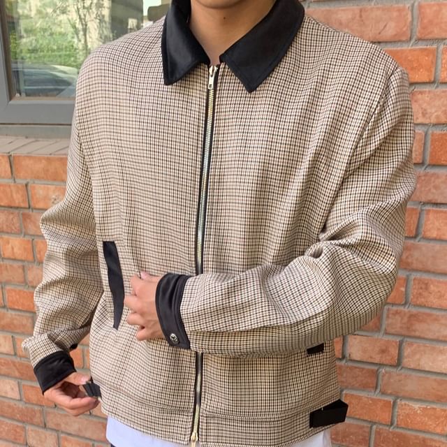 DragonRoad-Collared Houndstooth Contrast Trim Zip-Up Jacket