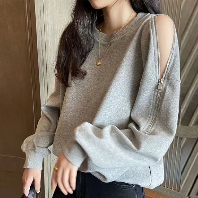CRIBI-Zip Drop Shoulder Crew Neck Plain Oversized Sweatshirt