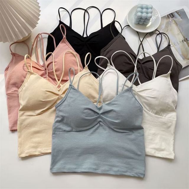 monroll-Spaghetti Strap V-Neck Plain Camisole Top