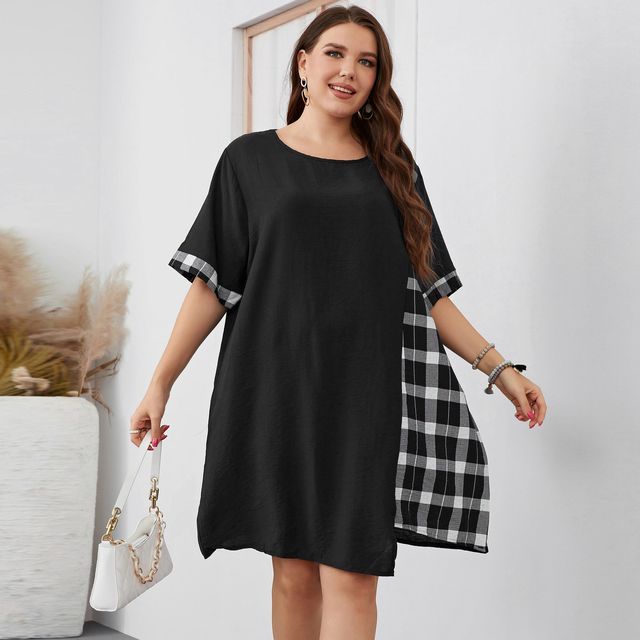 PlusPretty - Plus Size Short-Sleeve Plaid Panel T-Shirt Dress | YesStyle