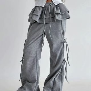 PINPI-Drawstring Waist Plain Ruffle Trim Baggy Sweatpants