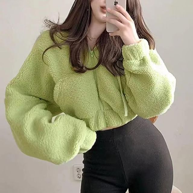 Everose-Plain Hooded Fleece Crop Zip Jacket