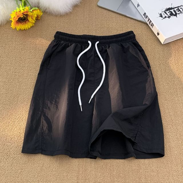Hushgrain-Drawstring Waist Plain Slit Wide Leg Shorts