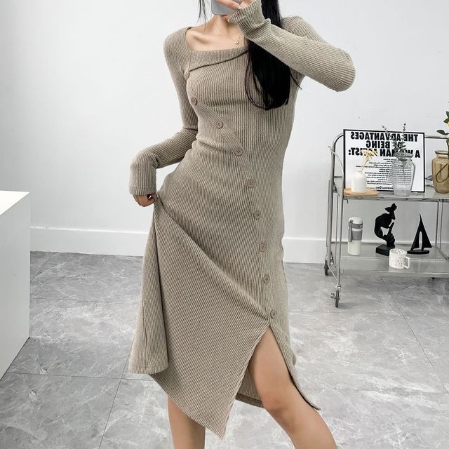 Sundine - Long-Sleeve Asymmetrical Neck Plain Button Slit Ribbed Knit Midi  A-Line Dress | YesStyle