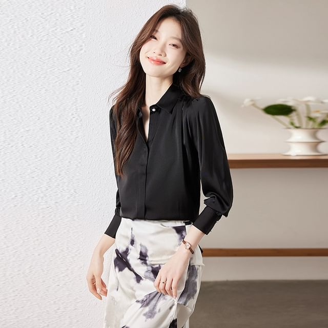 Skyheart-Long Sleeve Collared Plain Shirt