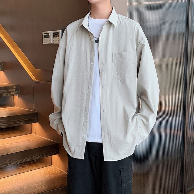Obikan-Collar Plain Button Shirt