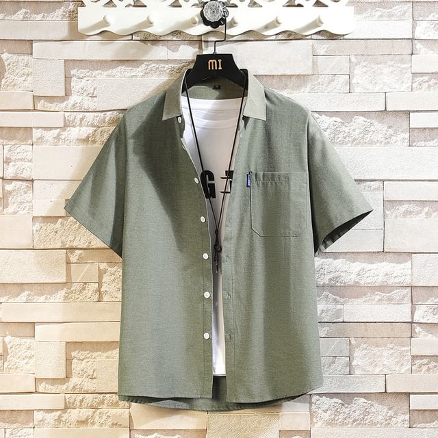 Wolfkane-Short Sleeve Collared Plain Button Up Shirt