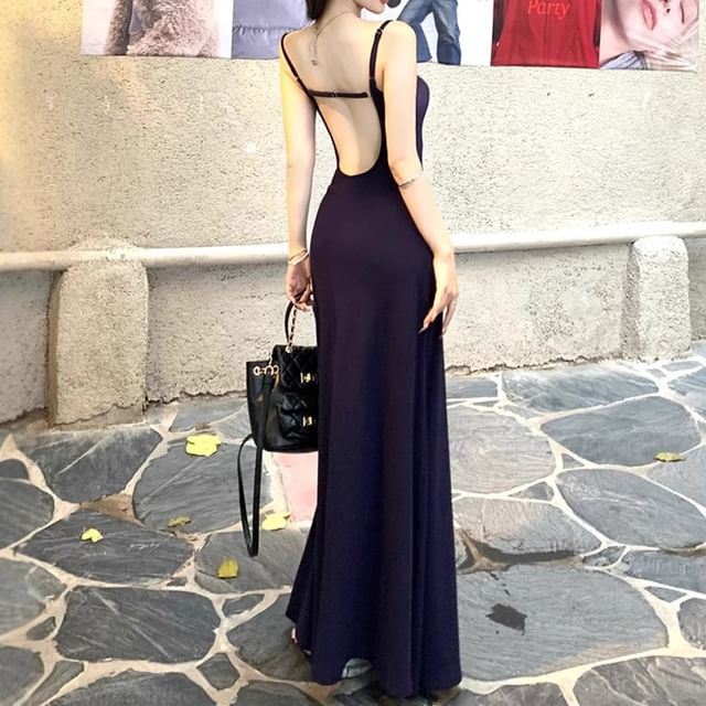 Trendycas-Spaghetti-Strap Plain Open-Back A-Line Maxi Dress