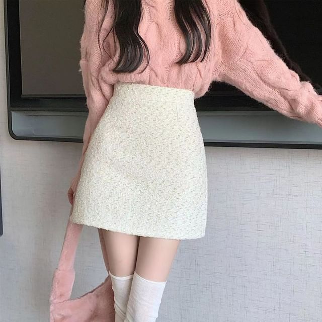 Everose-High Rise Tweed Mini A-Line Skirt